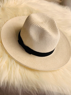 White Straw Hat Black Ribbon- -Trendy Me Boutique, Granada Hills California
