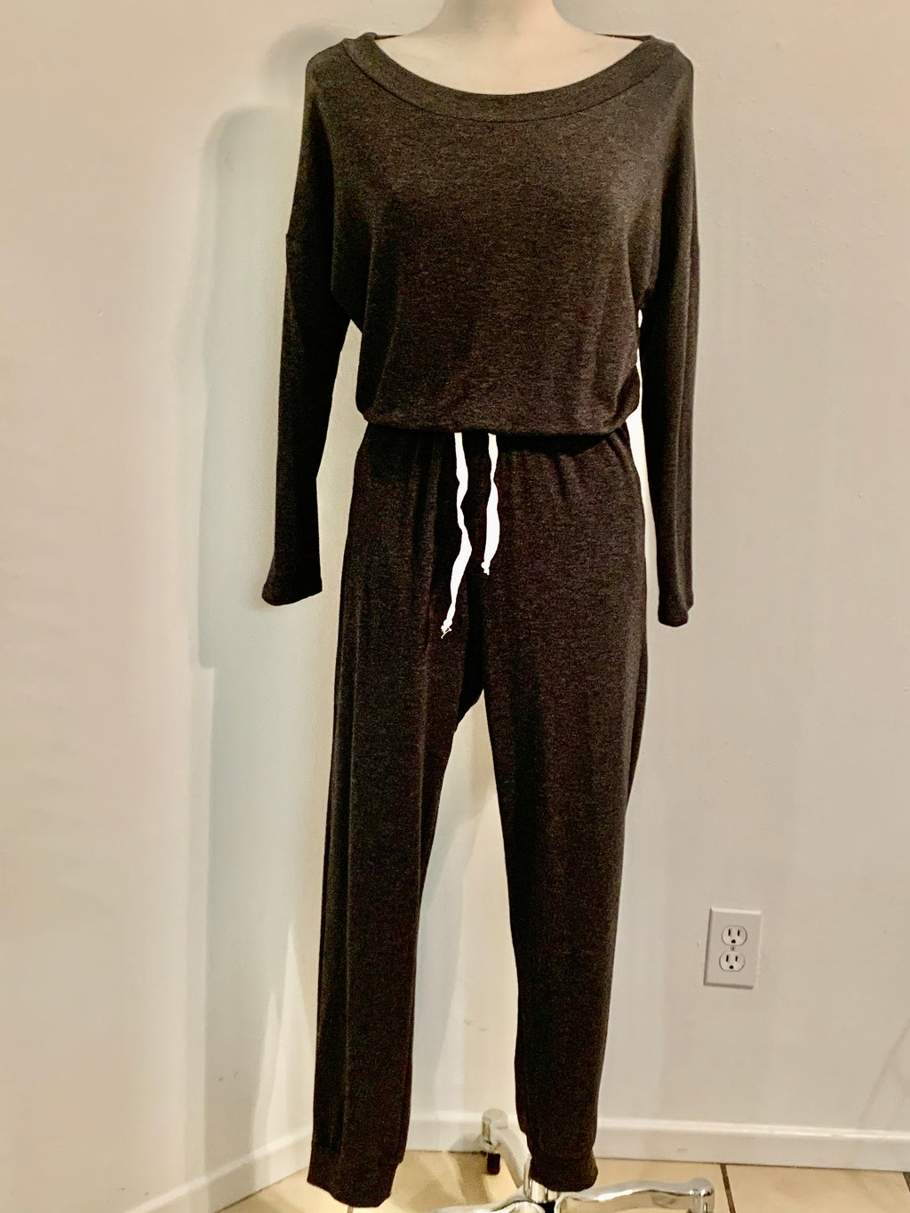 Charcoal Long Sleeve Boatneck Jumpsuit- -Trendy Me Boutique, Granada Hills California