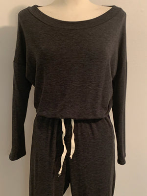 Charcoal Long Sleeve Boatneck Jumpsuit- -Trendy Me Boutique, Granada Hills California